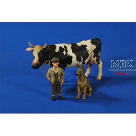 WW2 Farmboy with Cow and Dog