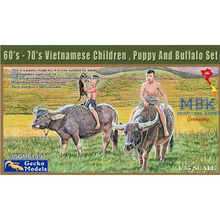 60's-70's Vietnamese Children, Puppy & Buffalo Set