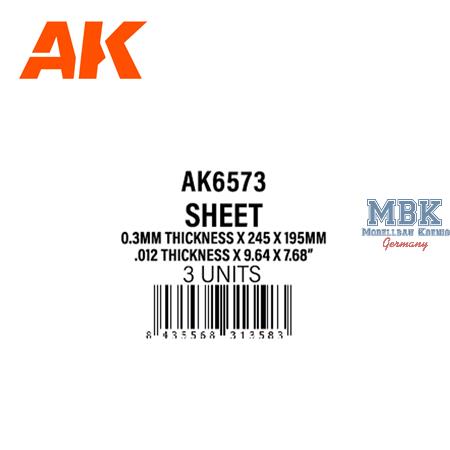 Styrene Sheet 0.3mm thick x 245 x 195mm (3 units)
