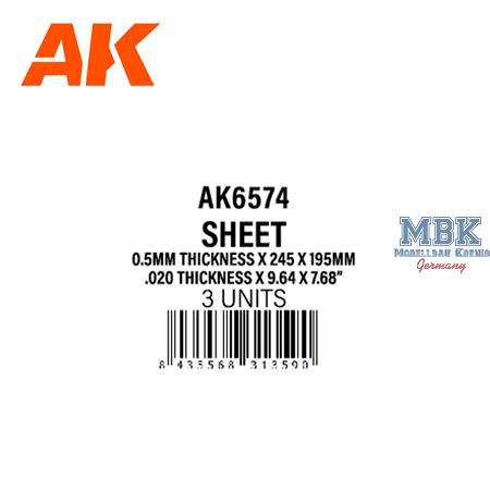 Styrene Sheet 0.5m thick x 245 x 195mm (3 units)