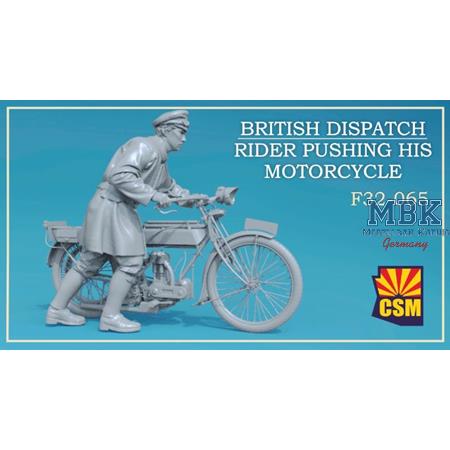 British Dispatch Rider pushing his motorcycle