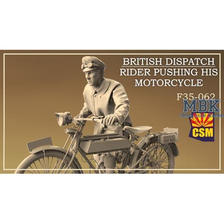 British Dispatch Rider pushing his motorcycle