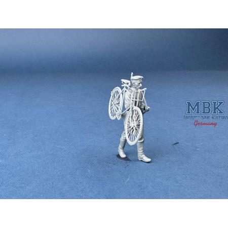 German Cyclist Carrying Bicycle