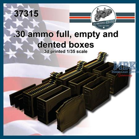 Dented, empty and full .30 ammo boxes