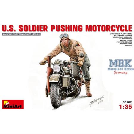 US Soldier pushing Motorcycle