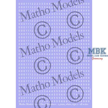 Decal numbers Type 1 White 2,5mm