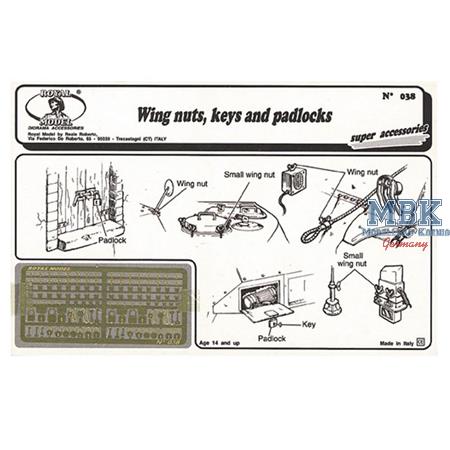 Wing nuts, keys and padlock
