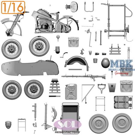 Zündapp KS750 motorcycle & Sidecar+Anhänger (1:16)